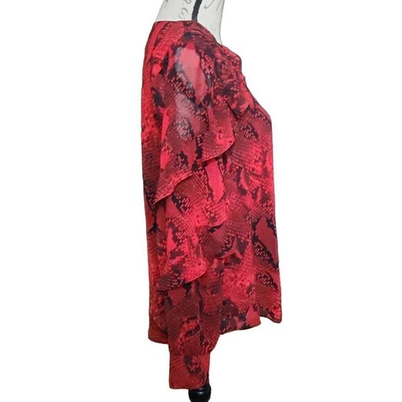 Calvin Klein Ladies Size Small Red Black V-Neck Python Print Long Sleeve Blouse - Picture 3 of 6